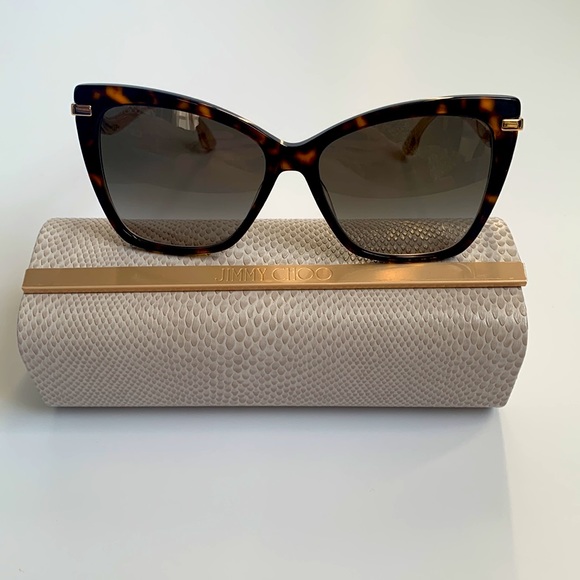 JIMMY CHOO Oversized Tortoise Sunglasses With Gold Curved Glittery Frame - Picture 7 of 7
